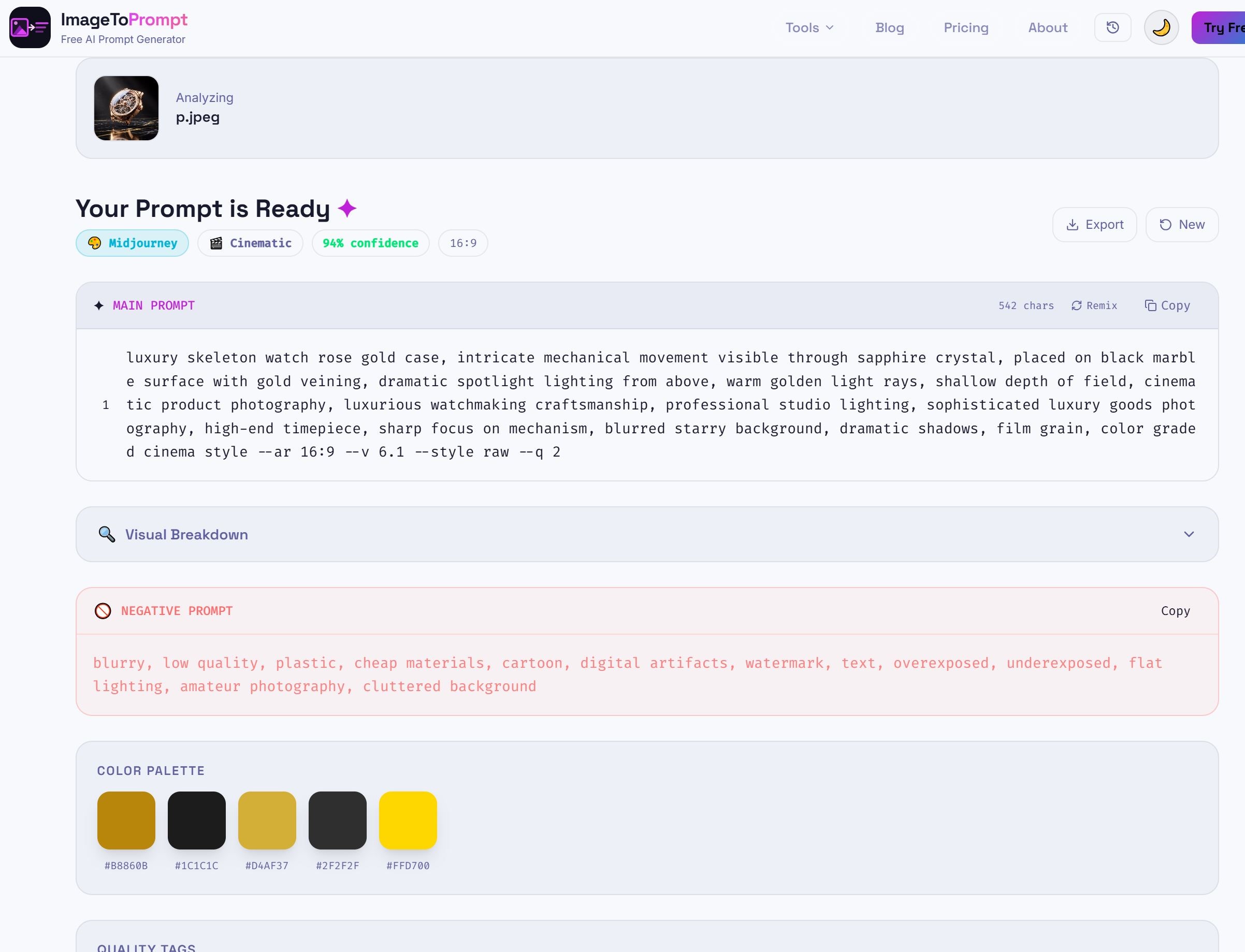 Salida de la herramienta ImageToPrompt para análisis de obra de arte generada por IA