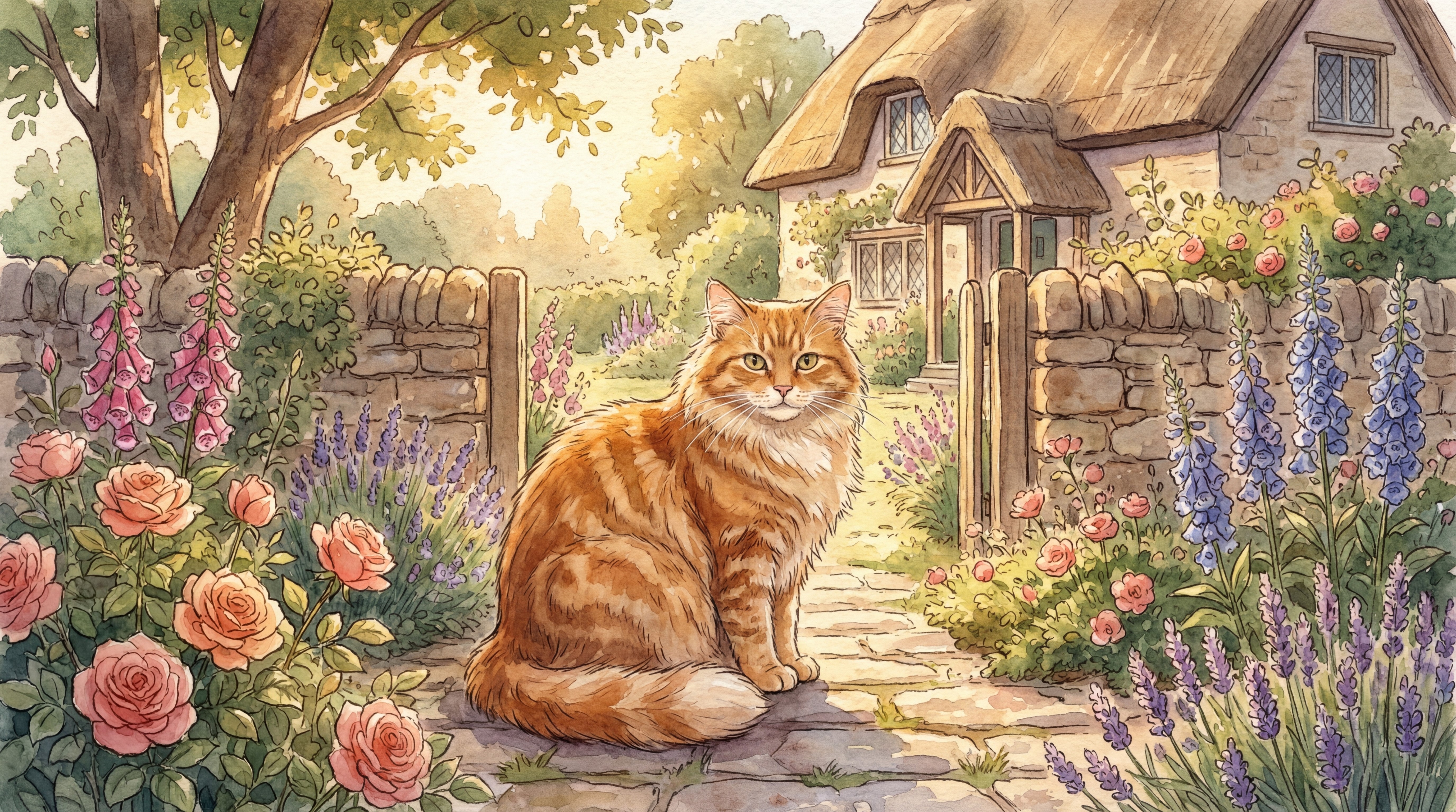 Stufe 3: Aquarell-Illustrations-Stil einer Tabby-Katze im Cottage-Garten