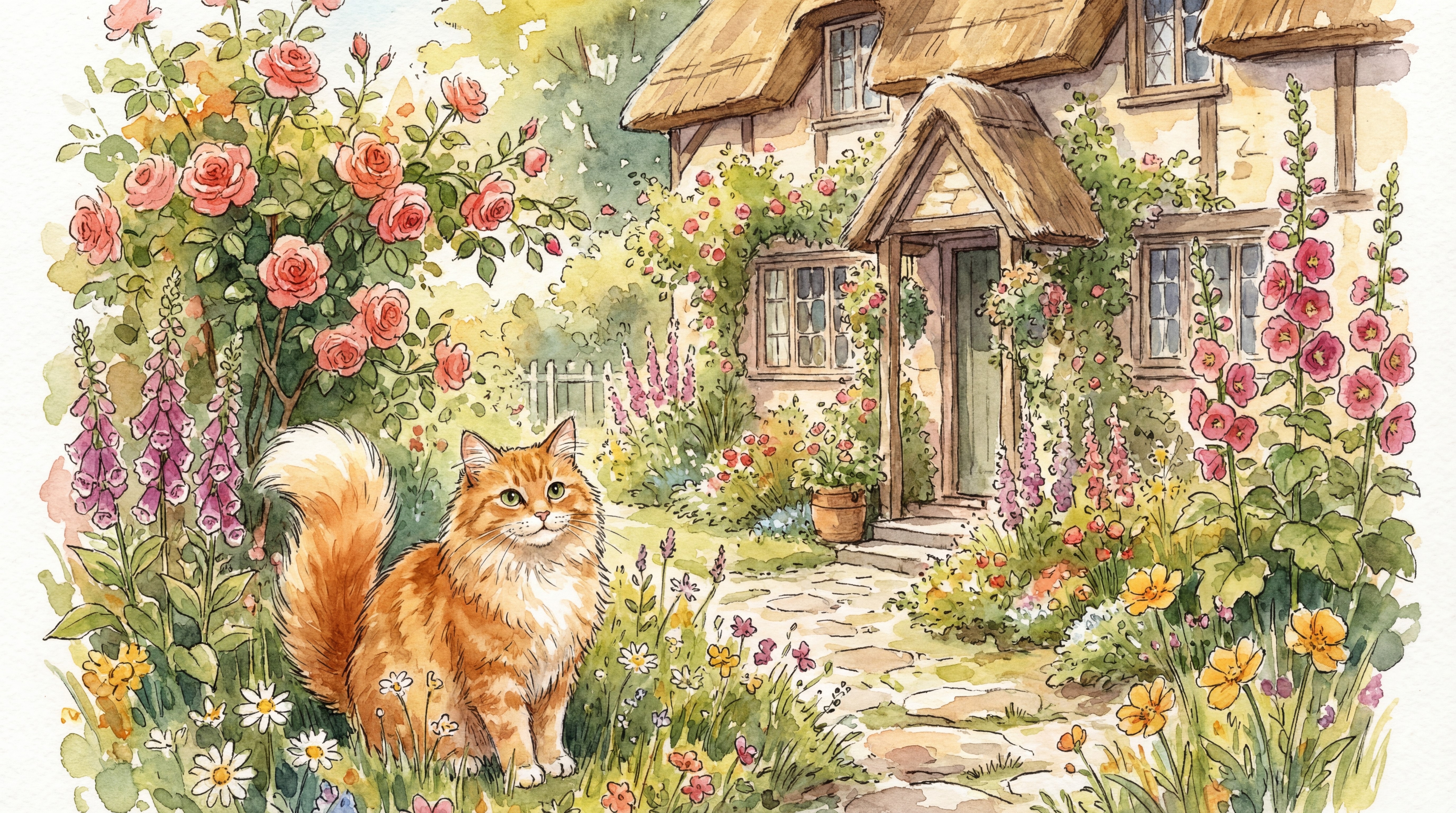 Stufe 2: flauschige orange Tabby-Katze in einem englischen Cottage-Garten mit Wildblumen