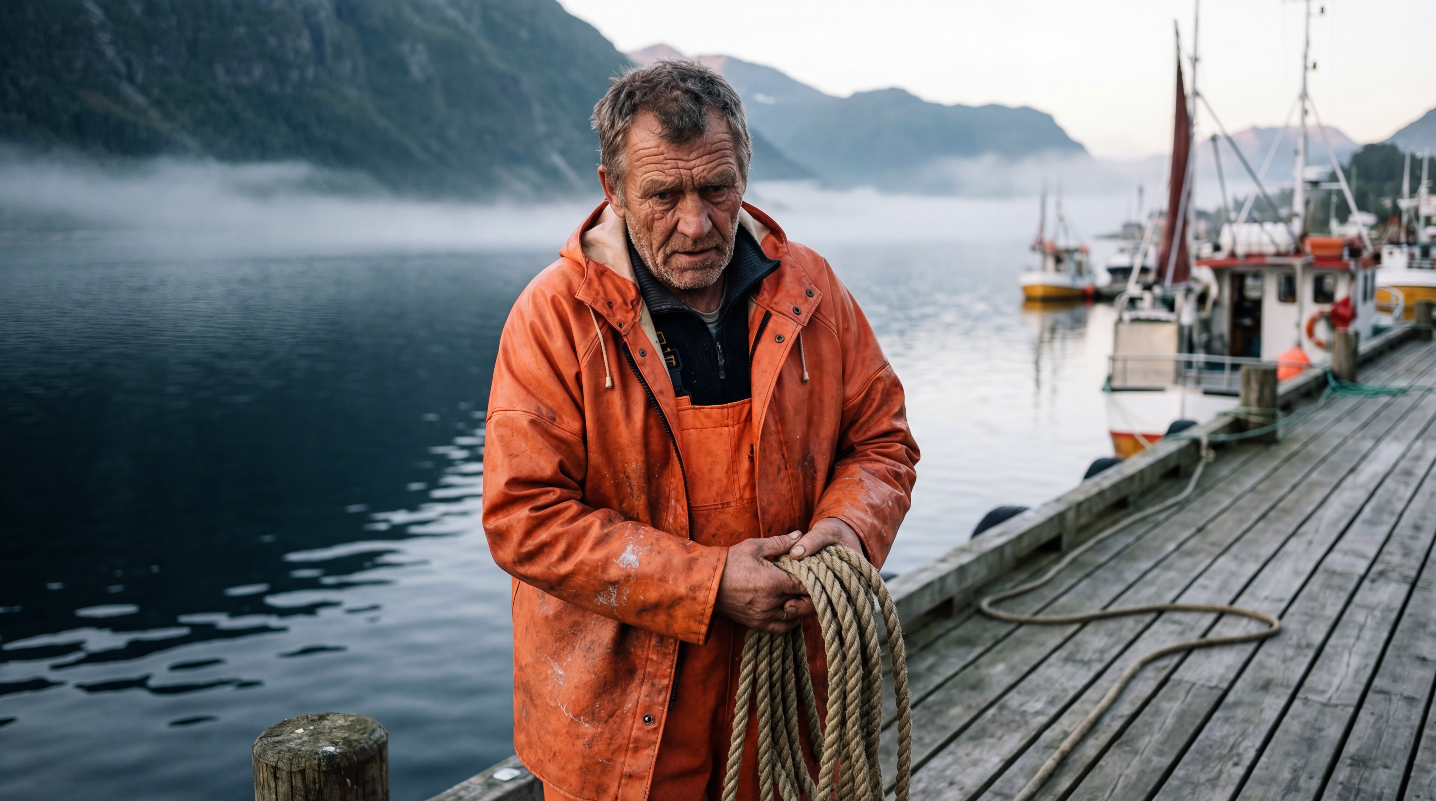 Midjourney V6.1ポートレートプロンプト結果 — 夜明けの港に立つ年配の日本人漁師、ドキュメンタリー写真スタイル