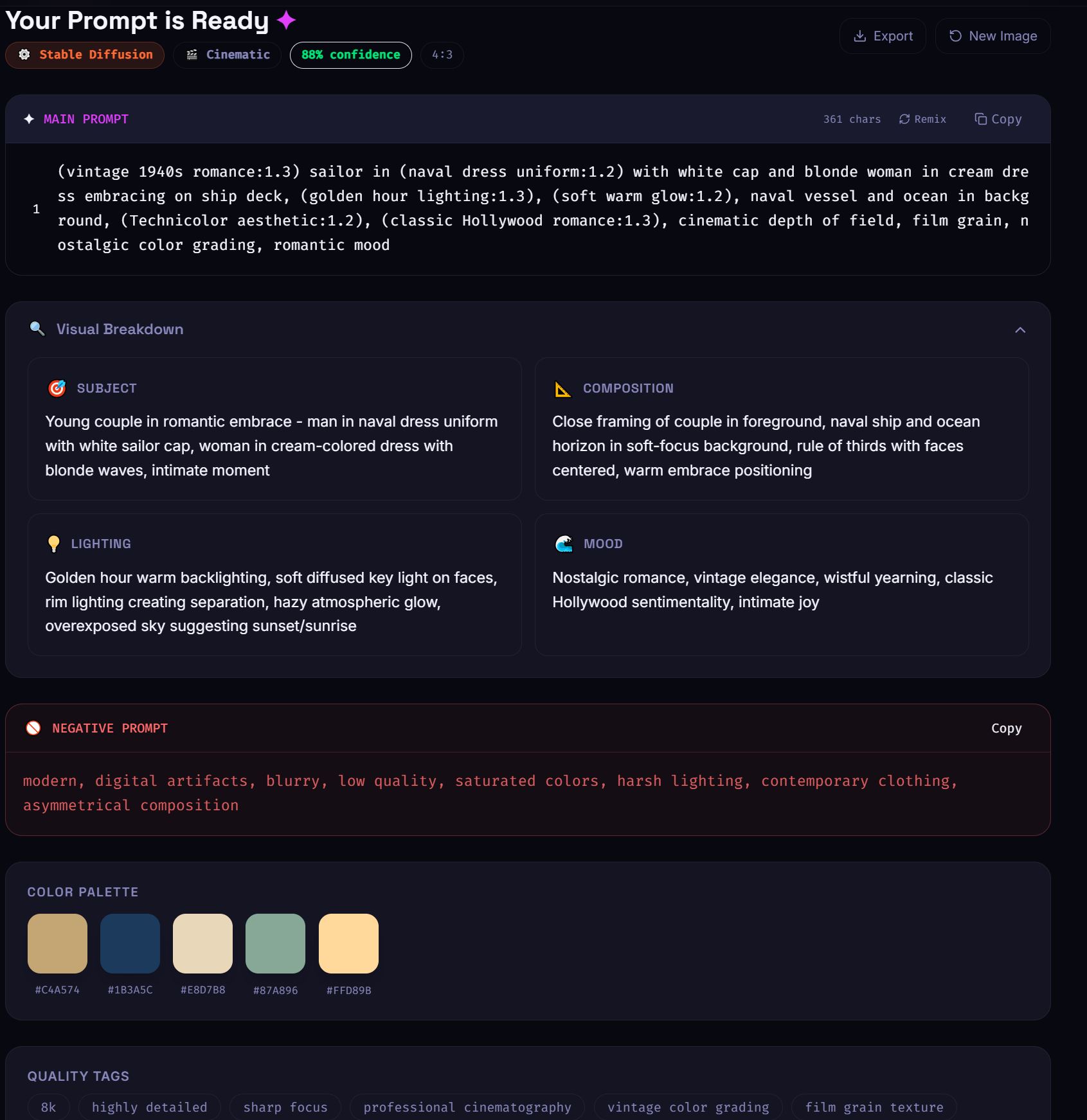 ناتج ImageToPrompt يُظهر برومبت Midjourney المُنشأ