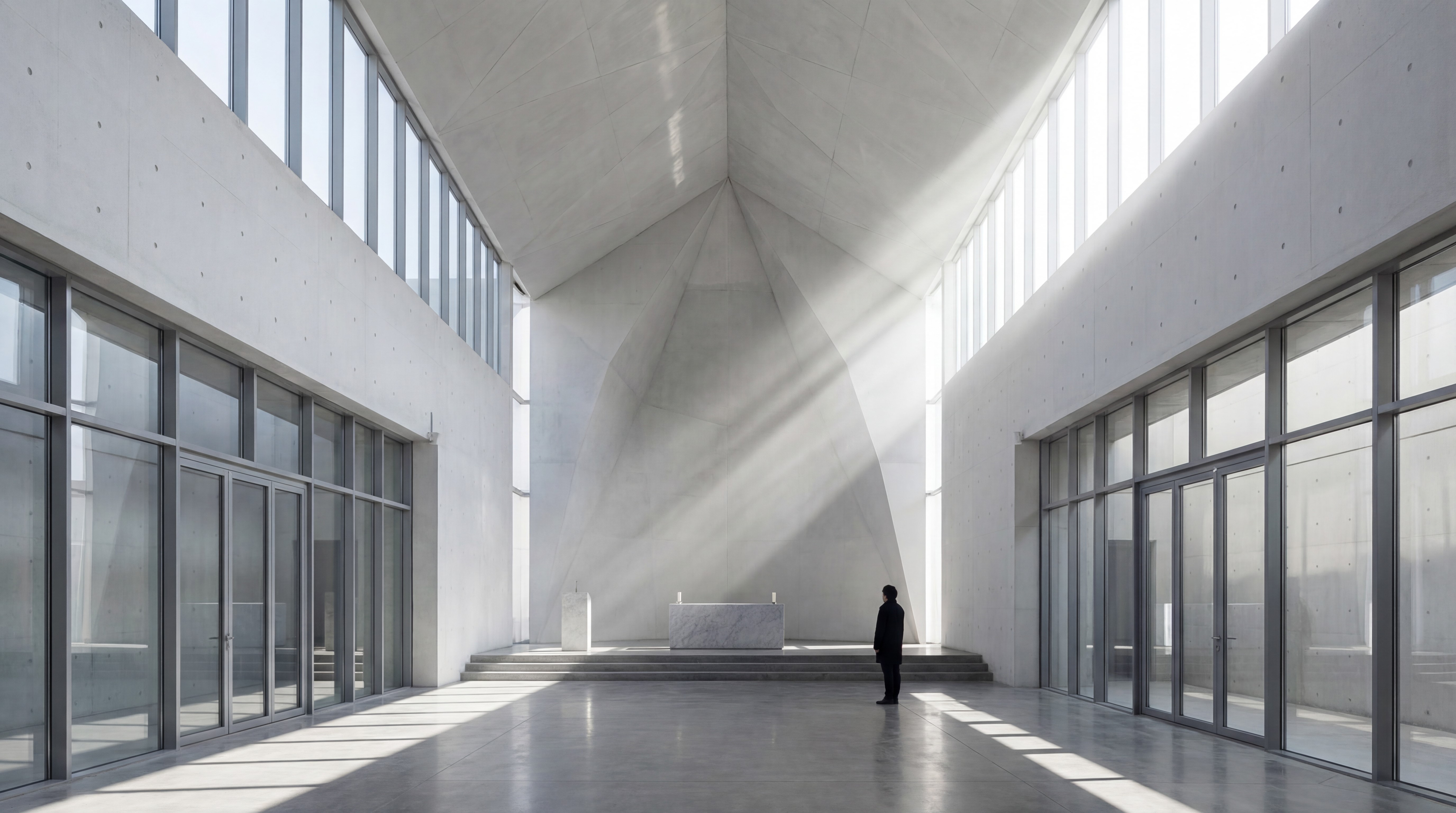 Midjourney V6.1建築プロンプト結果 — ドラマティックな光の帯が差し込むブルータリストコンクリート大聖堂内部