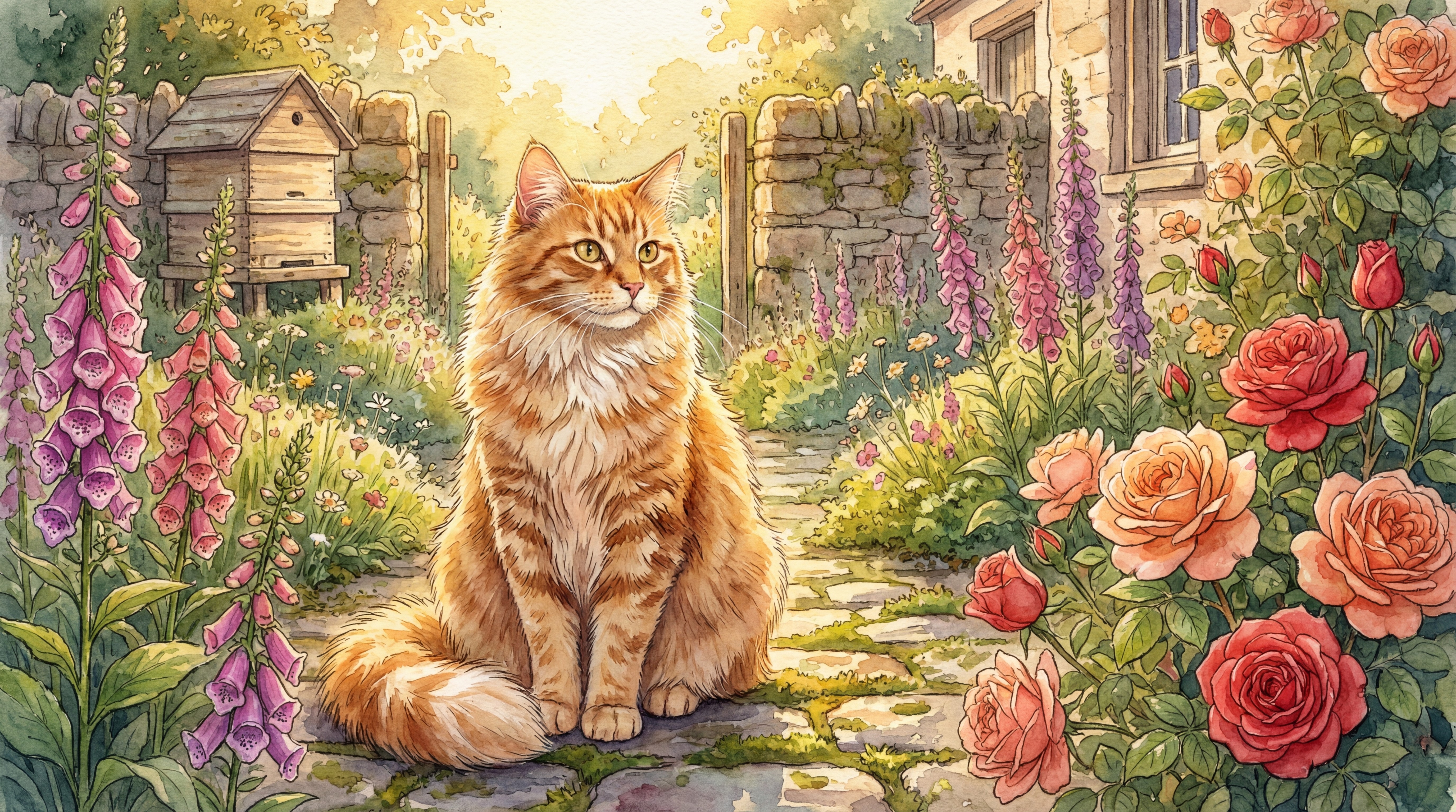 Stufe 4: Aquarell-Katze im Garten mit Golden-Hour-Sonnenlicht und warmen Bernsteintönen