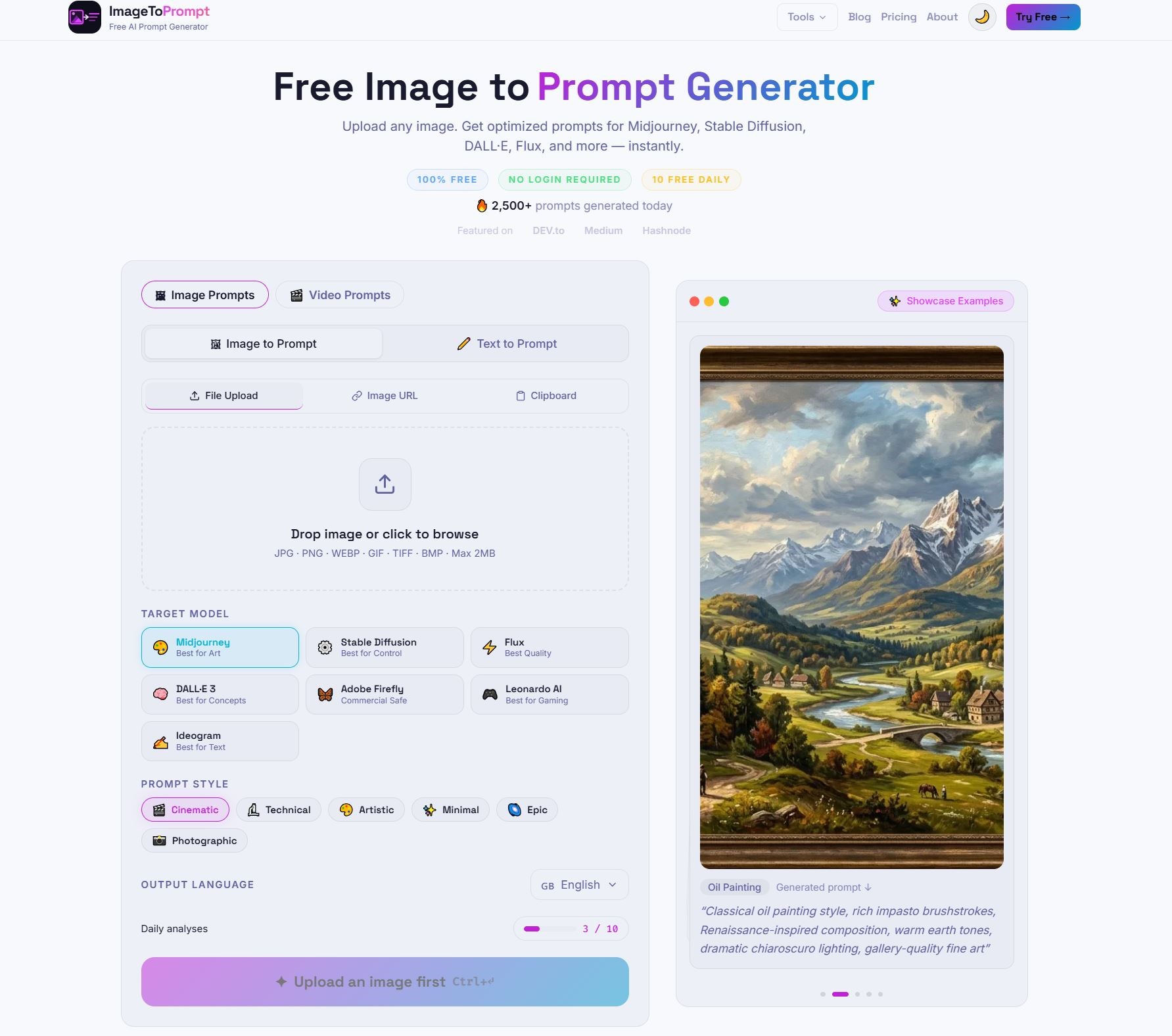 ImageToPrompt-Tool-Oberfläche mit Upload-Bereich, Modellwähler, Stiloptionen und generiertem Prompt