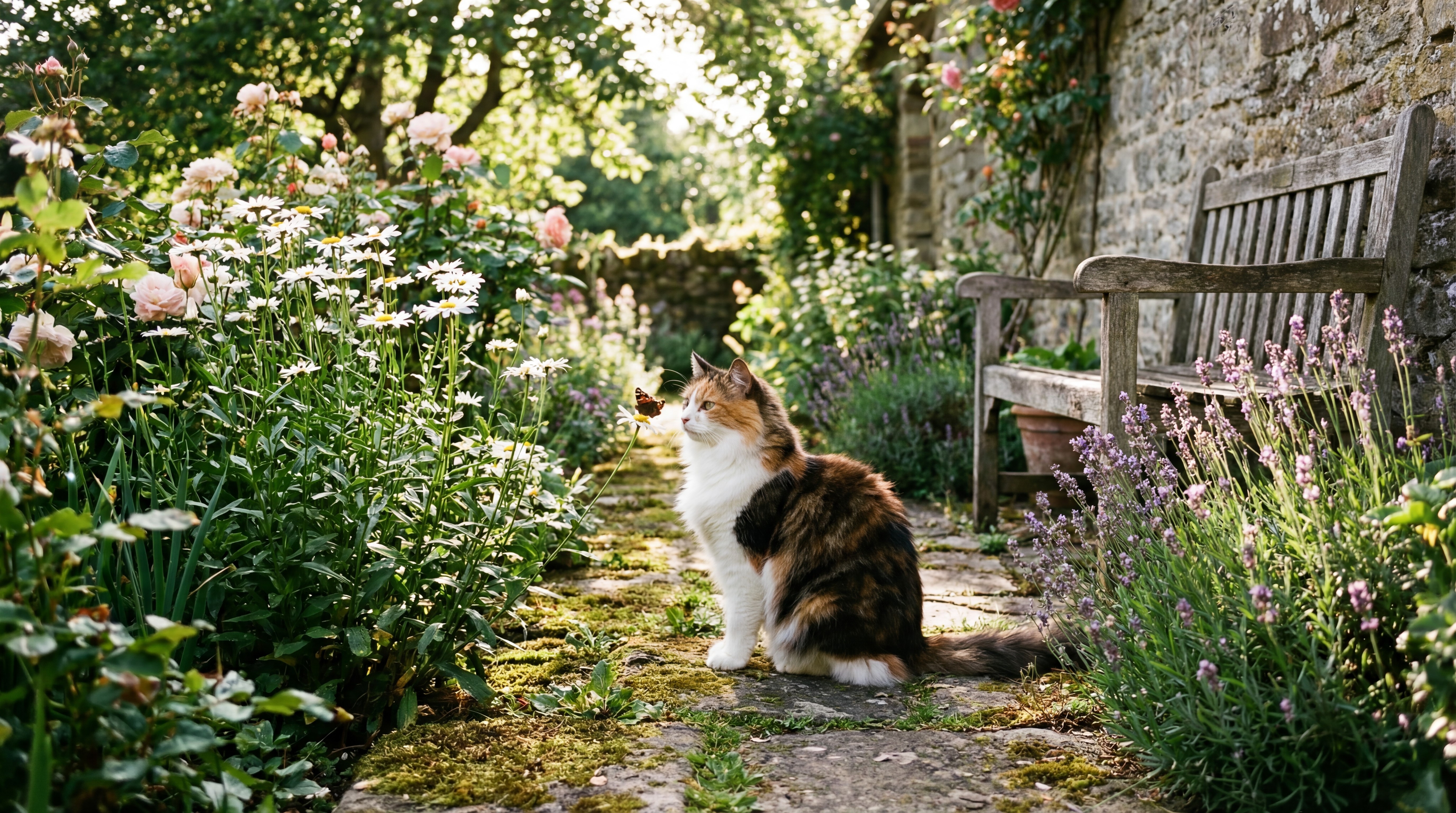 Stufe 1: generische Katze im Garten — vager KI-Prompt erzeugt durchschnittliches Ergebnis