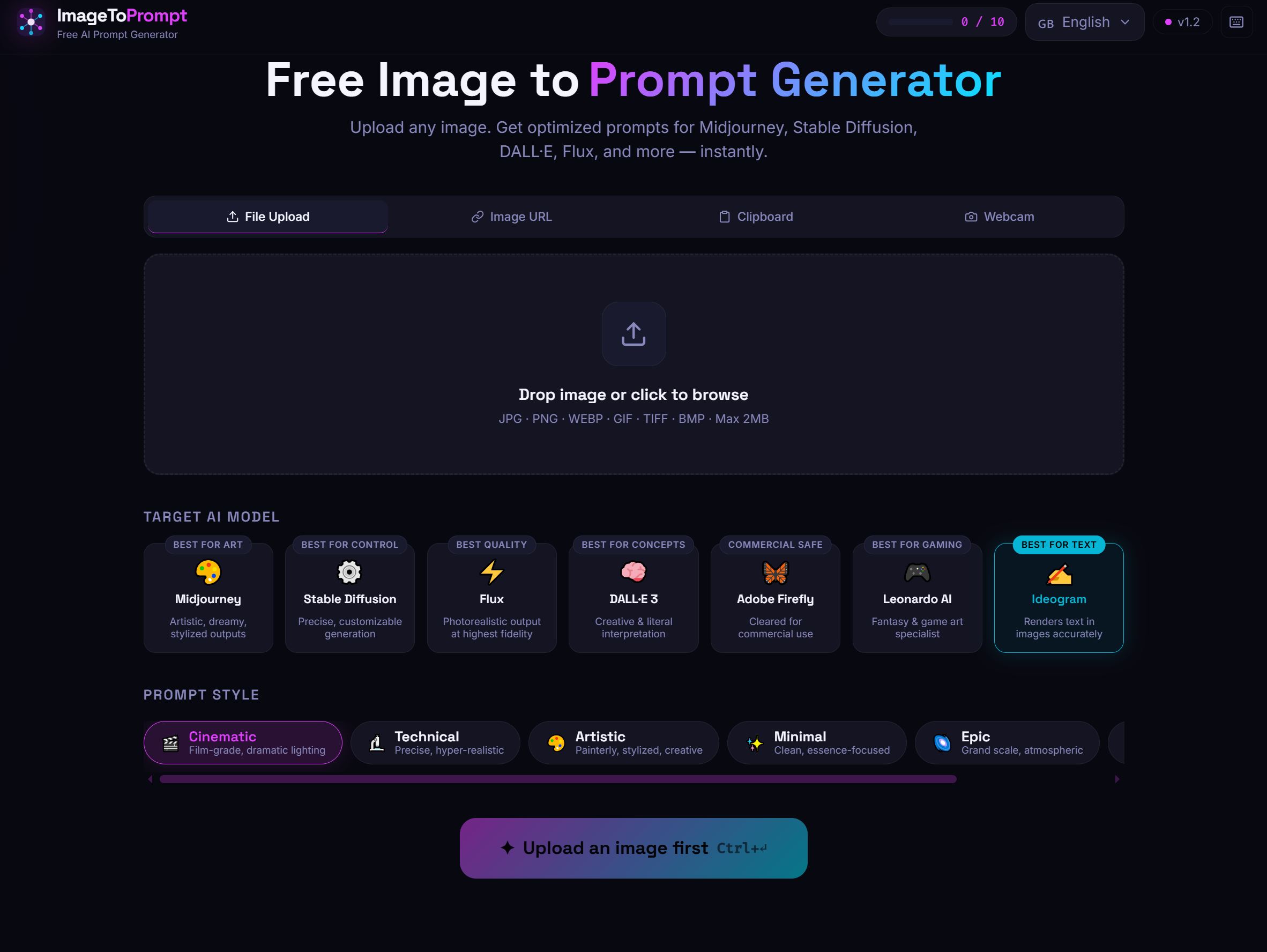 ImageToPrompt tool interface — showing how the API delivers: upload area, model selection, and generated prompt output displayed in the web UI