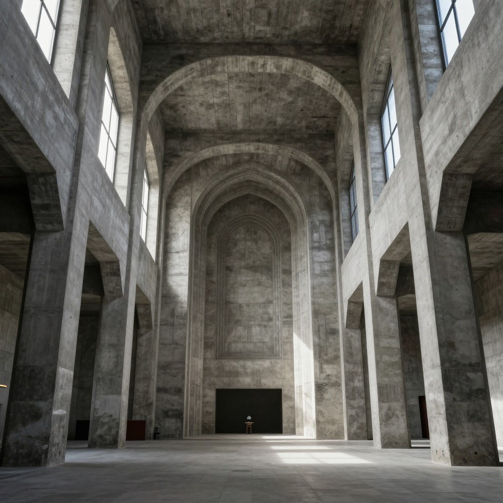 Résultat du prompt architecture Midjourney V6.1 — intérieur de cathédrale brutaliste en béton avec rayons de lumière dramatiques