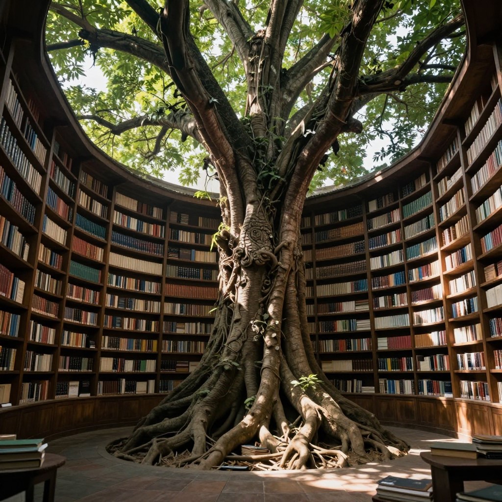 Résultat du prompt concept art fantastique Midjourney V6.1 — bibliothèque ancienne dans un arbre vivant avec spores bioluminescentes