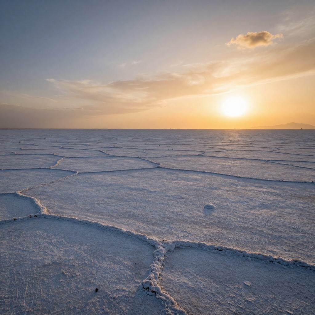 نتيجة برومبت منظر Midjourney V6.1 — سهول ملحية شاسعة عند الغروب مع انعكاس مرآوي