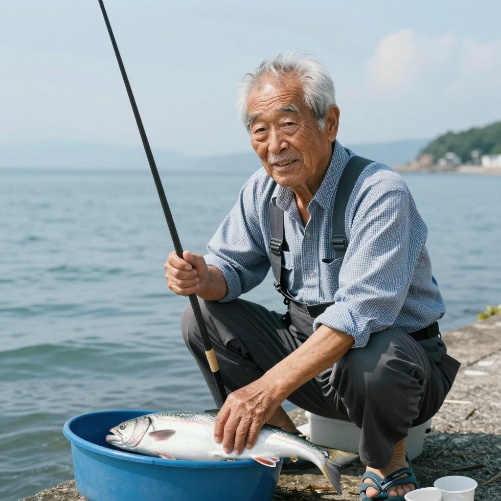 نتيجة برومبت بورتريه Midjourney V6.1 — صياد ياباني مسنّ في الميناء عند الفجر