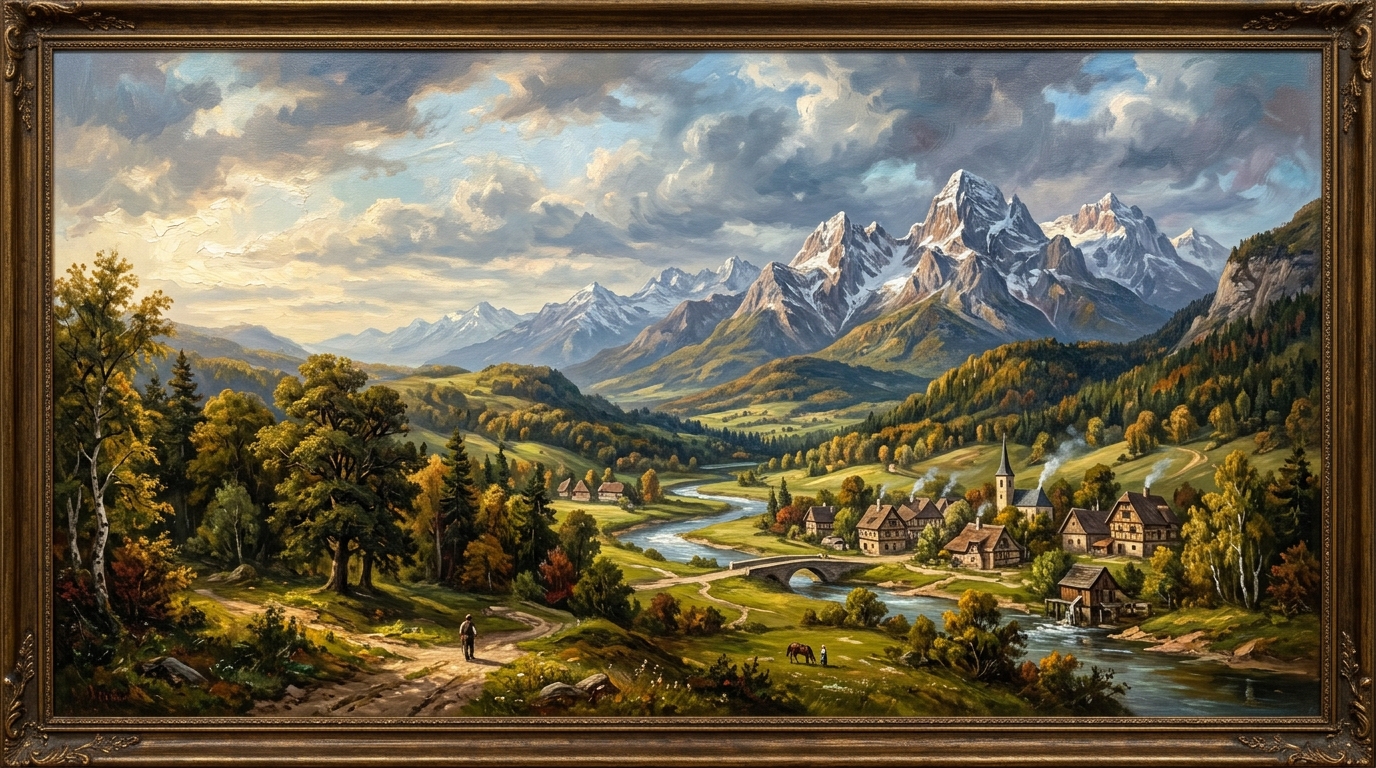 Oil painting style AI art — classical painterly technique applied to an AI-generated scene, showing richly textured brushwork and warm tonality