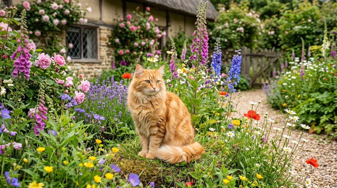 نتيجة المرحلة 2: قطة برتقالية ذات فروة كثيفة في حديقة كوخ إنجليزية مع زهور برية