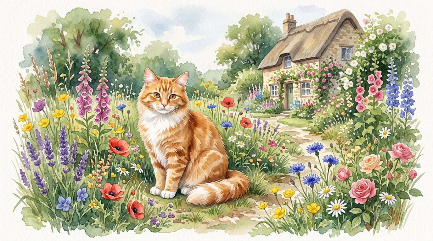 نتيجة المرحلة 3: قطة بأسلوب توضيح ألوان مائية في حديقة كوخ