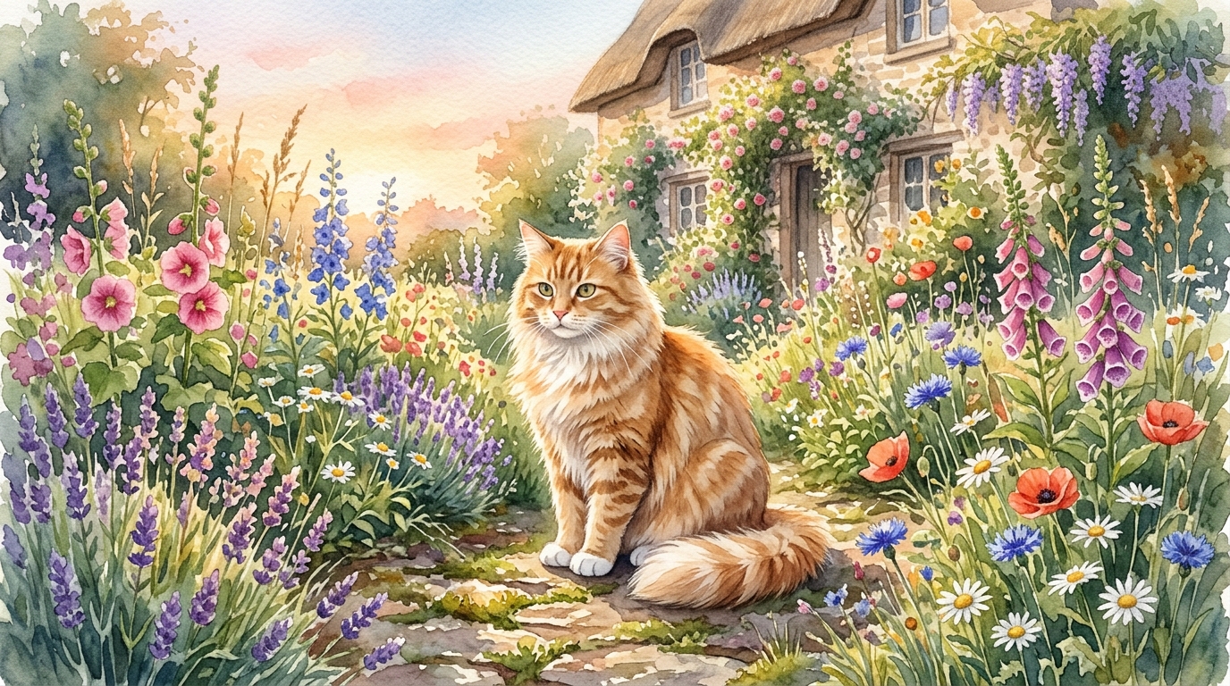 نتيجة المرحلة 4: قطة ألوان مائية في حديقة بضوء ذهبي ومتقطع وألوان عنبر دافئة